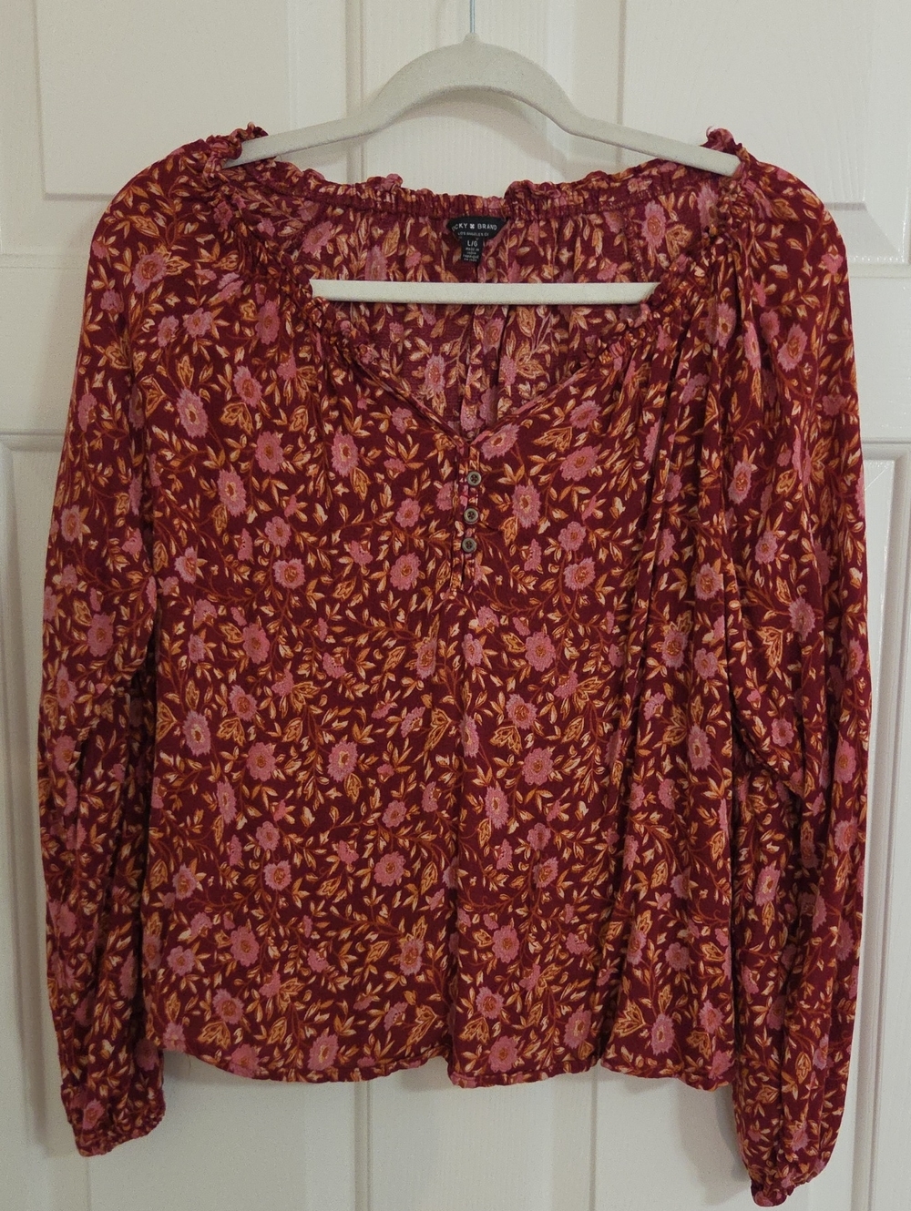 Lucky Brand Boho Floral Peasant Top - Rust with Pink Floral